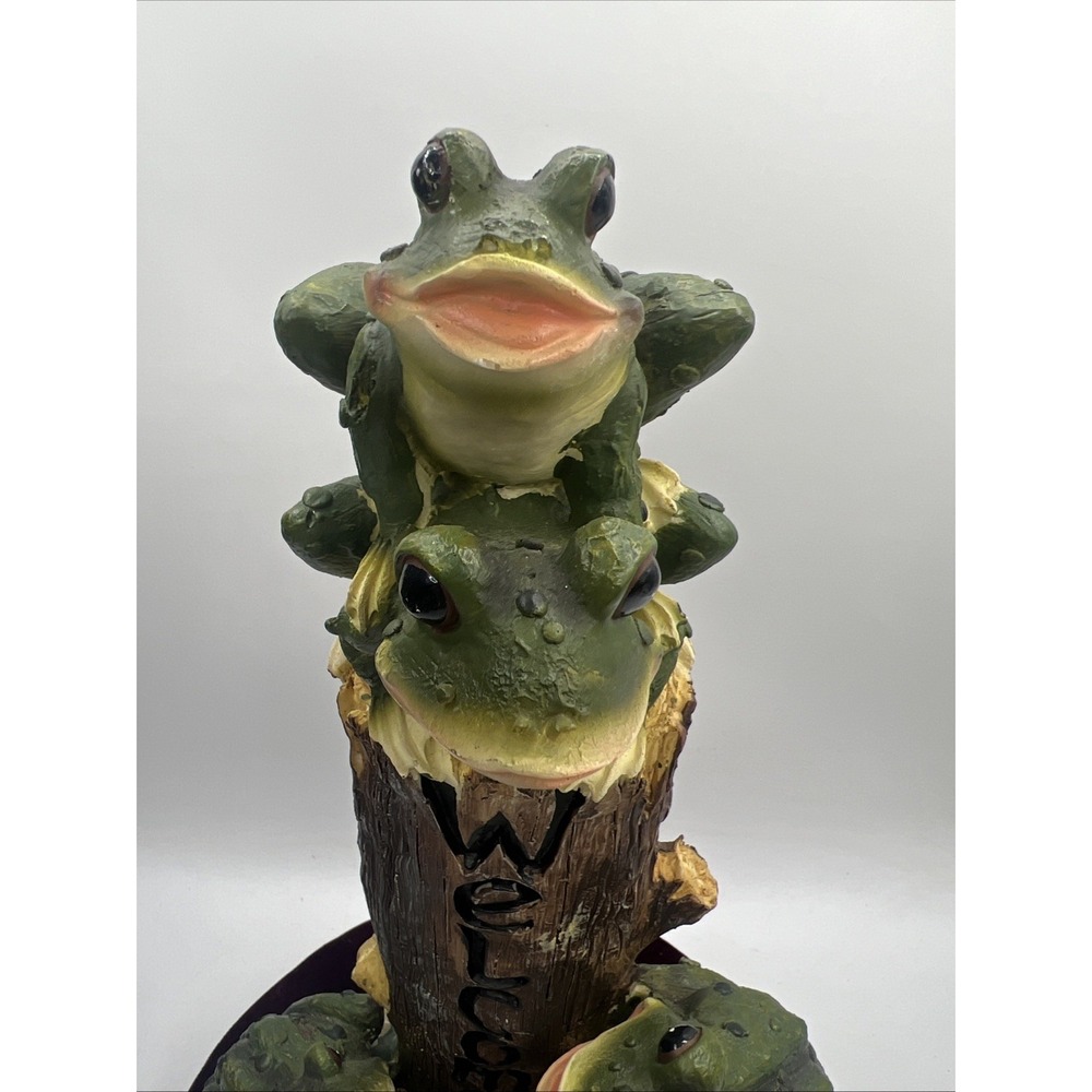 Frog Garden Statue Resin Welcome Sign Tall 16" Toadstools Logs Stacked Outdoor - Picture 2 of 10